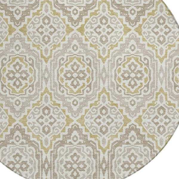 8 Ft Round Tribal Geometric Polyester Area Rug Ivory Denim Washable Indoor Outdoor