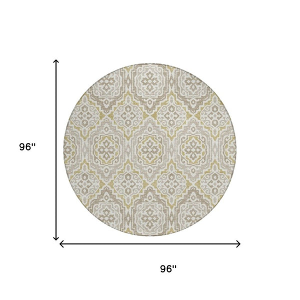 8 Ft Round Tribal Geometric Polyester Area Rug Ivory Denim Washable Indoor Outdoor