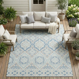 8 Ft X 10 Ft Sky Blue Beige Tribal Polyester Indoor Outdoor Washable Area Rug