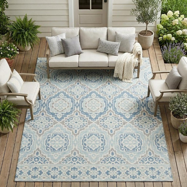 8 Ft X 10 Ft Sky Blue Beige Tribal Polyester Indoor Outdoor Washable Area Rug