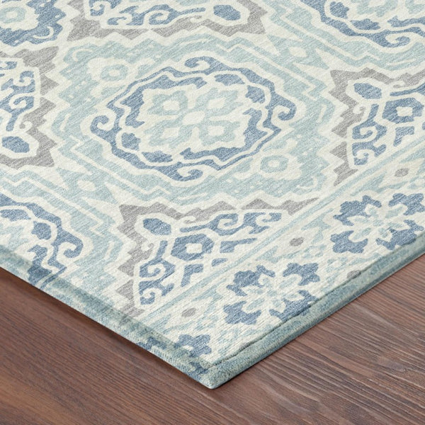 8 Ft X 10 Ft Sky Blue Beige Tribal Polyester Indoor Outdoor Washable Area Rug