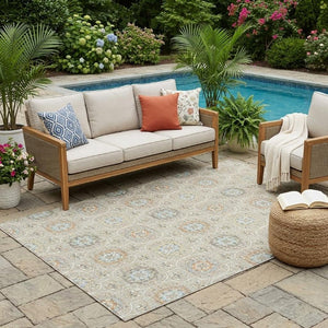 5x8 Beige Brown Floral Medallion Polyester Washable Area Rug for Patio or Living Room