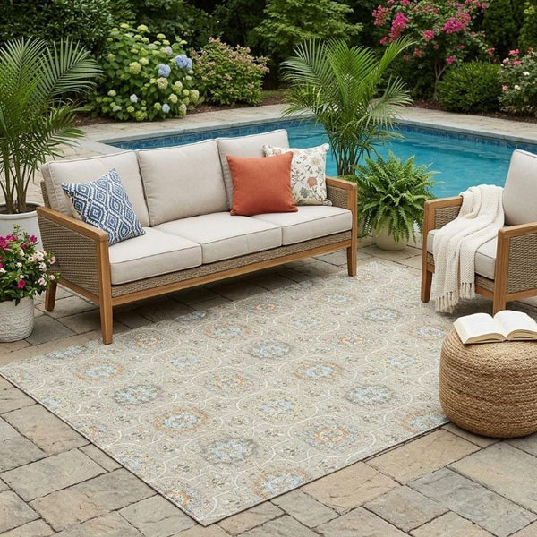5x8 Beige Brown Floral Medallion Polyester Washable Area Rug for Patio or Living Room
