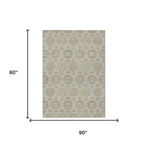 5x8 Beige Brown Floral Medallion Polyester Washable Area Rug for Patio or Living Room