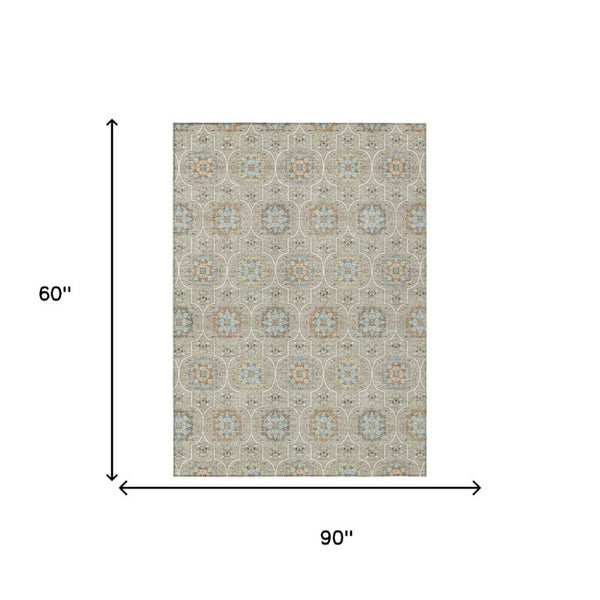 5x8 Beige Brown Floral Medallion Polyester Washable Area Rug for Patio or Living Room