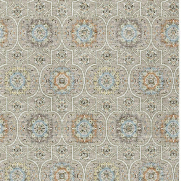 9 X 12 Beige Brown Floral Medallion Polyester Washable Indoor Outdoor Area Rug