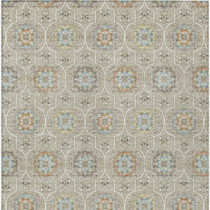 9 X 12 Beige Brown Floral Medallion Polyester Washable Indoor Outdoor Area Rug