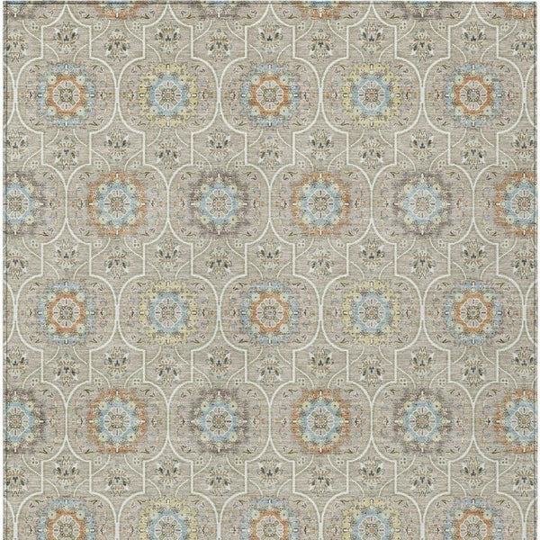 9 X 12 Beige Brown Floral Medallion Polyester Washable Indoor Outdoor Area Rug