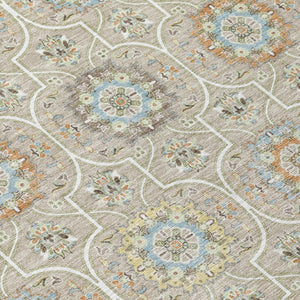 9 X 12 Beige Brown Floral Medallion Polyester Washable Indoor Outdoor Area Rug