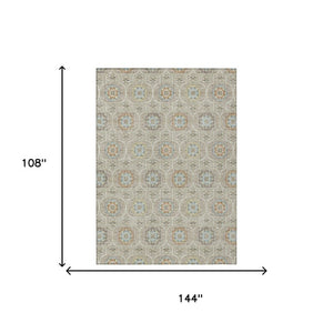9 X 12 Beige Brown Floral Medallion Polyester Washable Indoor Outdoor Area Rug