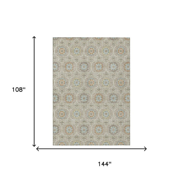 9 X 12 Beige Brown Floral Medallion Polyester Washable Indoor Outdoor Area Rug
