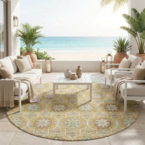 8 Foot Round Floral Medallion Polyester Rug Stain Resistant Indoor Outdoor Decor