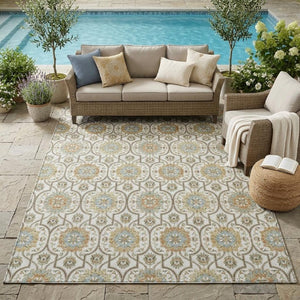 5x8 Ivory Gold Medallion Polyester Area Rug Washable Stain Resistant Patio Living