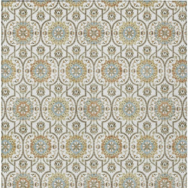 5x8 Ivory Gold Medallion Polyester Area Rug Washable Stain Resistant Patio Living