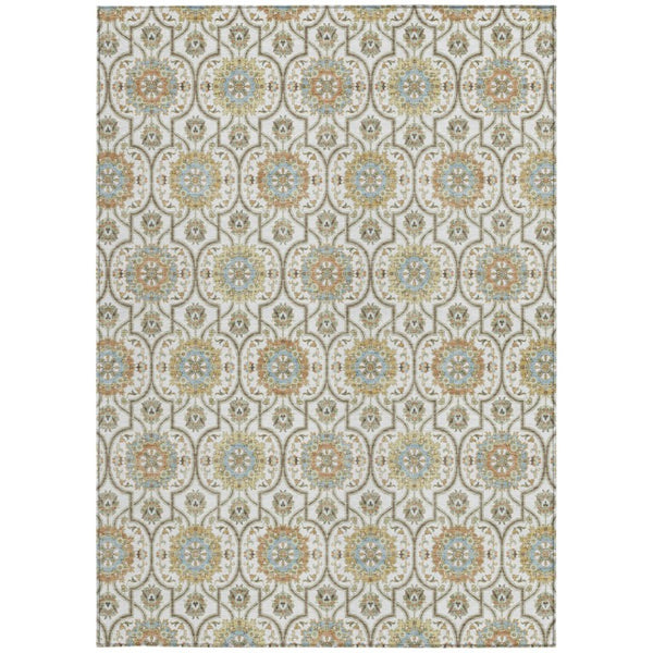 8x10 Ivory Gold Medallion Polyester Area Rug Washable Stain Resistant Indoor Outdoor