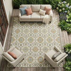 9x12 Ivory Gold Floral Medallion Polyester Area Rug Washable for Patio or Living Room