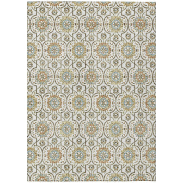 HomeRoots 9x12 Ivory Gold Floral Medallion Polyester Area Rug Washable for Patio or Living Room 735890