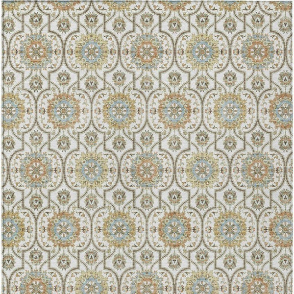 9x12 Ivory Gold Floral Medallion Polyester Area Rug Washable for Patio or Living Room