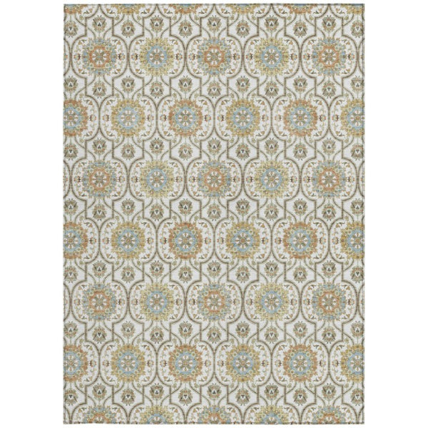 9x12 Ivory Gold Floral Medallion Polyester Area Rug Washable for Patio or Living Room