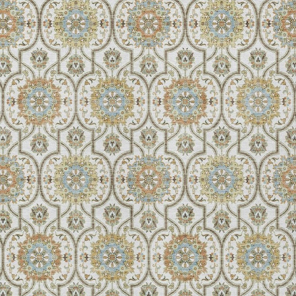 9x12 Ivory Gold Floral Medallion Polyester Area Rug Washable for Patio or Living Room