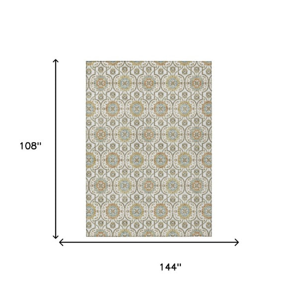 9x12 Ivory Gold Floral Medallion Polyester Area Rug Washable for Patio or Living Room