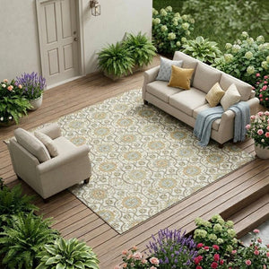 10 X 14 Ivory Gold Medallion Polyester Area Rug Washable Stain Resistant Patio