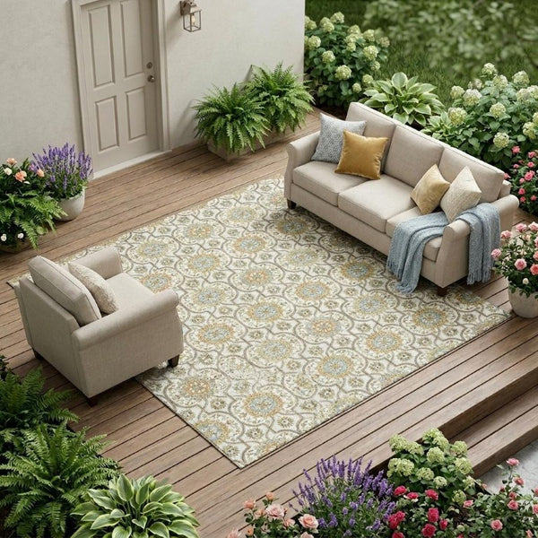 10 X 14 Ivory Gold Medallion Polyester Area Rug Washable Stain Resistant Patio