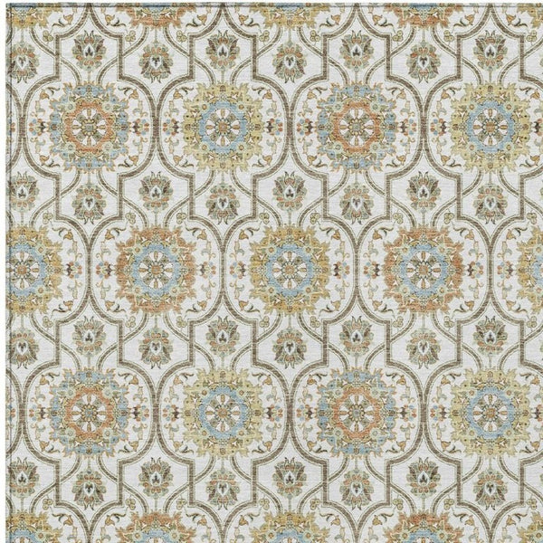 10 X 14 Ivory Gold Medallion Polyester Area Rug Washable Stain Resistant Patio