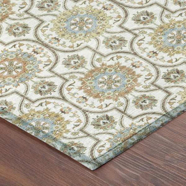 10 X 14 Ivory Gold Medallion Polyester Area Rug Washable Stain Resistant Patio