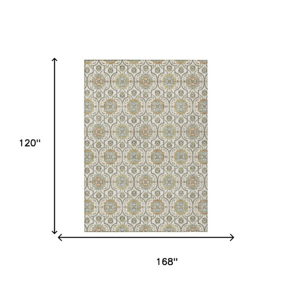 10 X 14 Ivory Gold Medallion Polyester Area Rug Washable Stain Resistant Patio