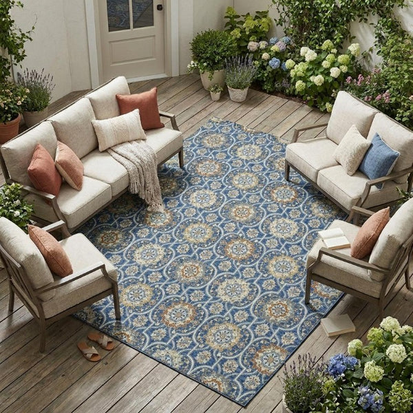 10 X 14 Floral Medallion Polyester Area Rug Washable for Indoor Outdoor Use