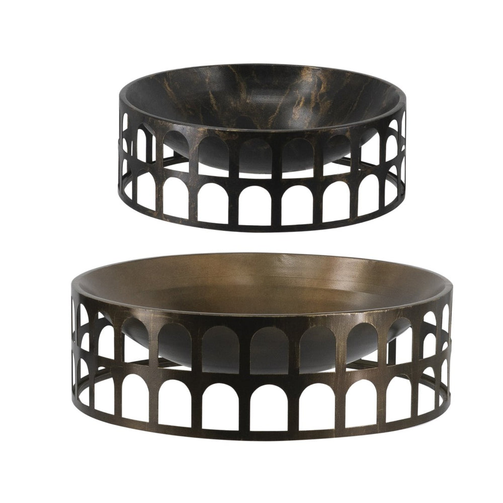 English Elm S/2 Iron Decorative Trays with Roman Arch Cutouts in Two Tone Gold Black W2078P440522