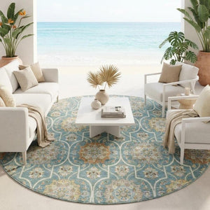 8 Ft Round Floral Medallion Polyester Area Rug Stain Resistant for Patio or Home