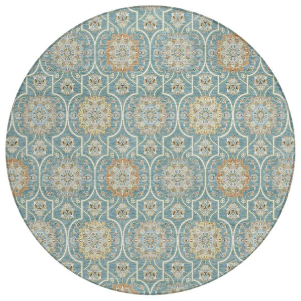 HomeRoots 8 Ft Round Floral Medallion Polyester Area Rug Stain Resistant for Patio or Home 735912