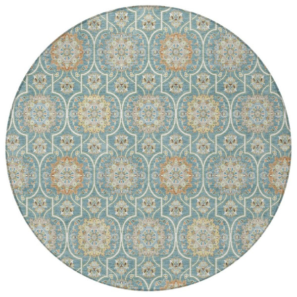 8 Ft Round Floral Medallion Polyester Area Rug Stain Resistant for Patio or Home