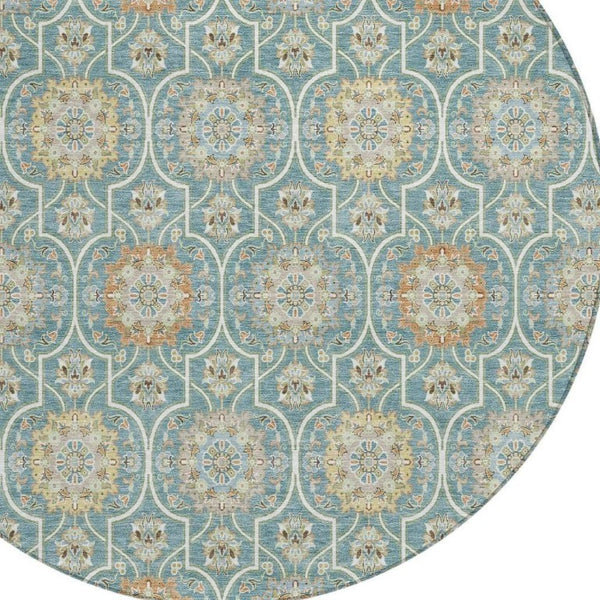 8 Ft Round Floral Medallion Polyester Area Rug Stain Resistant for Patio or Home