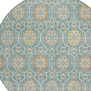 8 Ft Round Floral Medallion Polyester Area Rug Stain Resistant for Patio or Home
