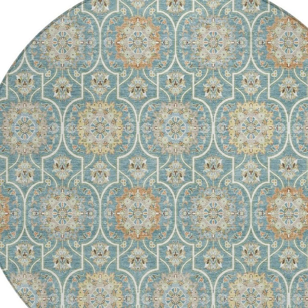 8 Ft Round Floral Medallion Polyester Area Rug Stain Resistant for Patio or Home