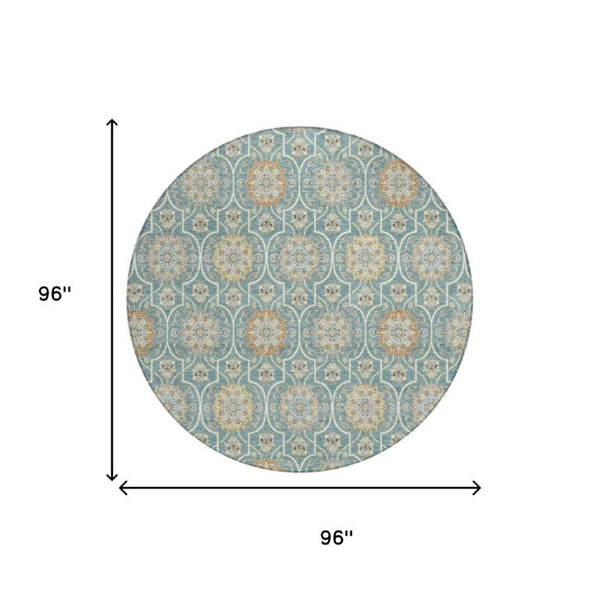 8 Ft Round Floral Medallion Polyester Area Rug Stain Resistant for Patio or Home