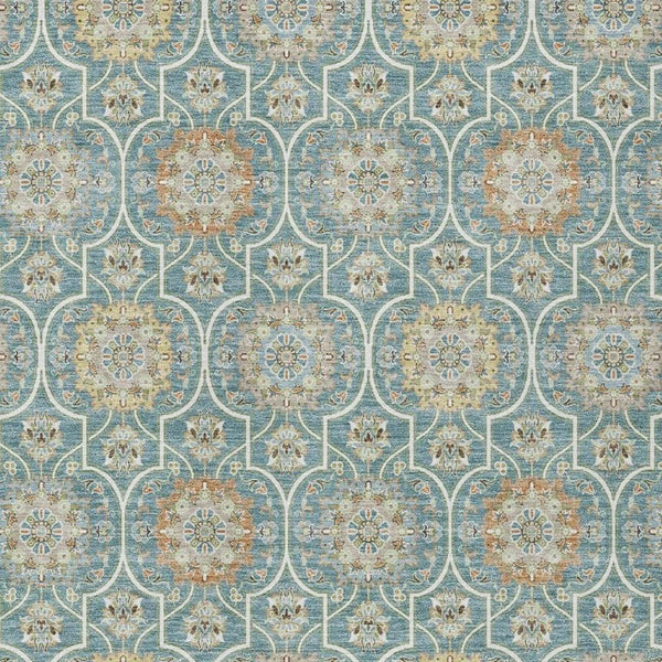 8 X 10 Teal Beige Floral Medallion Polyester Area Rug Washable for Patio or Home