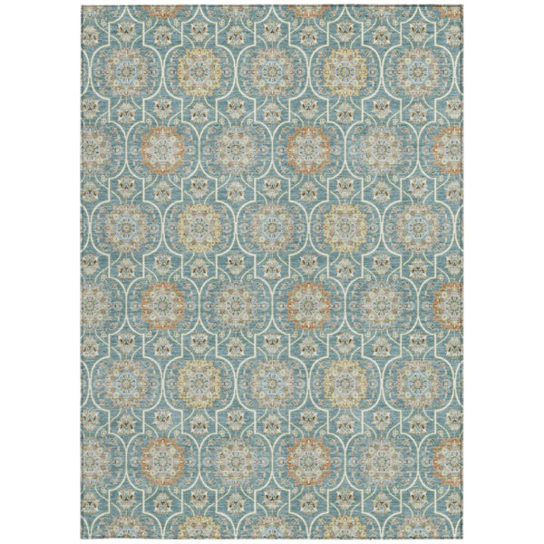 8 X 10 Teal Beige Floral Medallion Polyester Area Rug Washable for Patio or Home