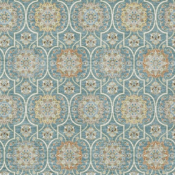 8 X 10 Teal Beige Floral Medallion Polyester Area Rug Washable for Patio or Home
