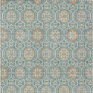 8 X 10 Teal Beige Floral Medallion Polyester Area Rug Washable for Patio or Home