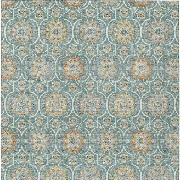 8 X 10 Teal Beige Floral Medallion Polyester Area Rug Washable for Patio or Home