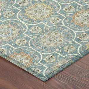 8 X 10 Teal Beige Floral Medallion Polyester Area Rug Washable for Patio or Home