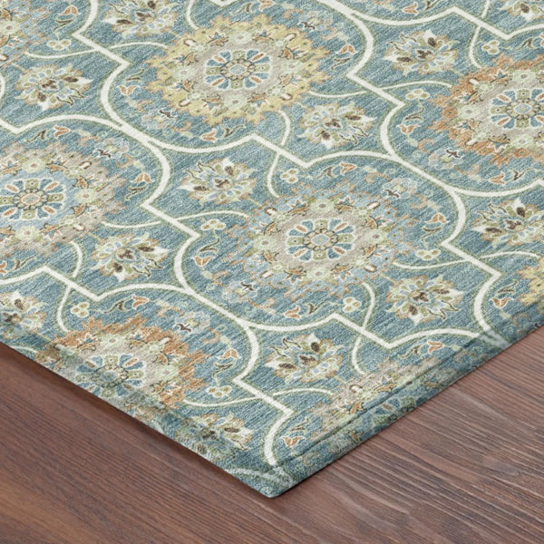 8 X 10 Teal Beige Floral Medallion Polyester Area Rug Washable for Patio or Home
