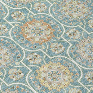 8 X 10 Teal Beige Floral Medallion Polyester Area Rug Washable for Patio or Home