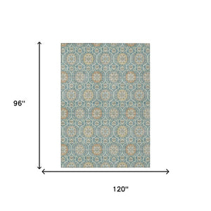 8 X 10 Teal Beige Floral Medallion Polyester Area Rug Washable for Patio or Home