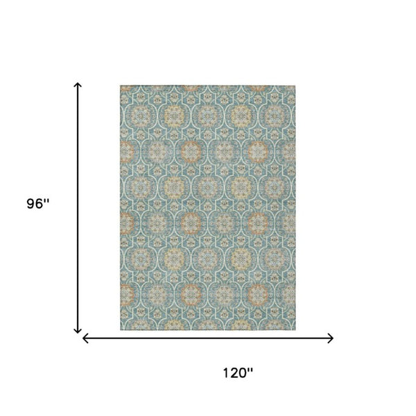 8 X 10 Teal Beige Floral Medallion Polyester Area Rug Washable for Patio or Home