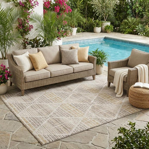 5x8 Geometric Beige Ivory Polyester Area Rug Washable Stain Resistant Indoor Outdoor